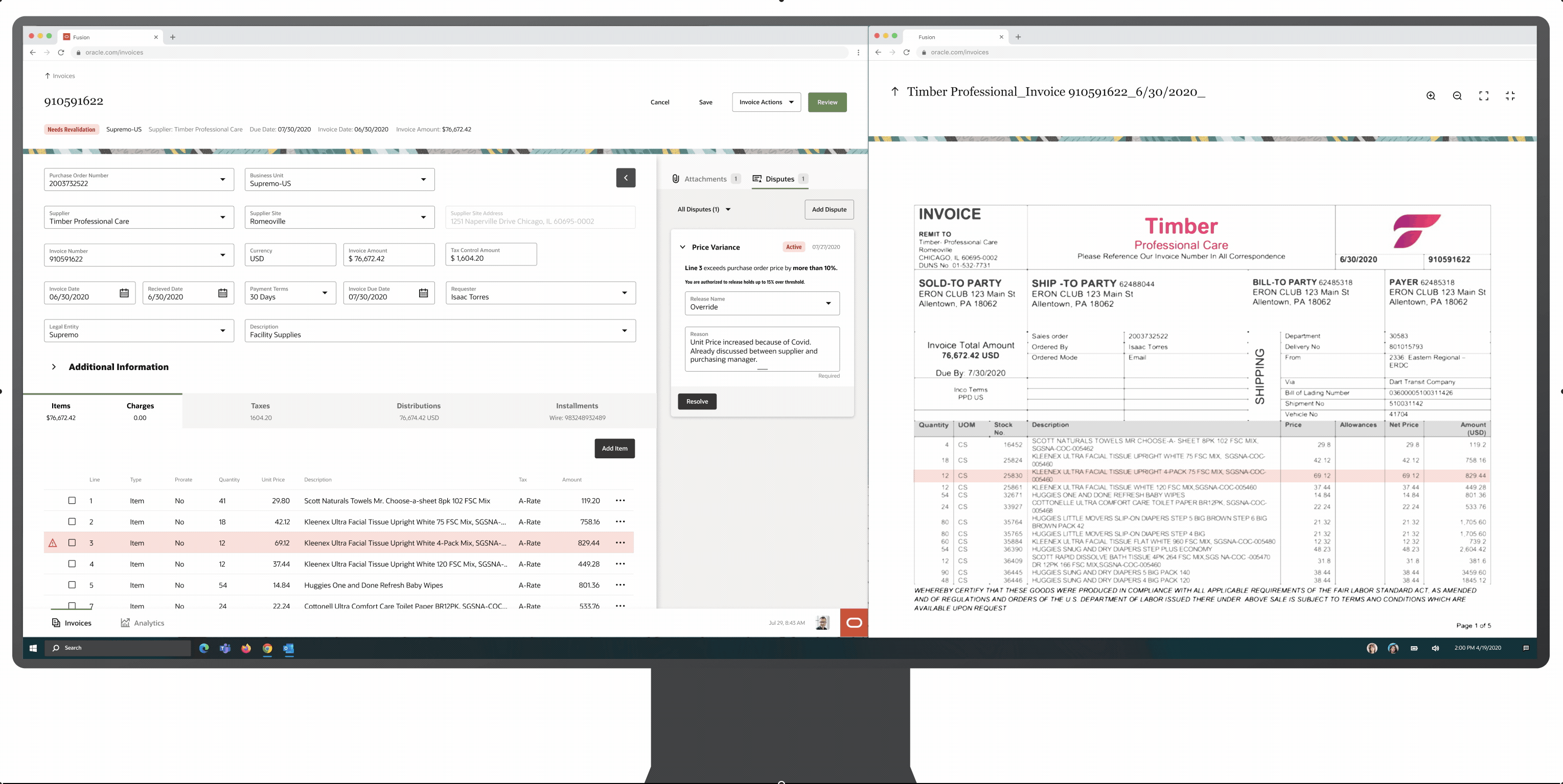 Animated demo of a split view matching entered invoice lines with the original invoice document