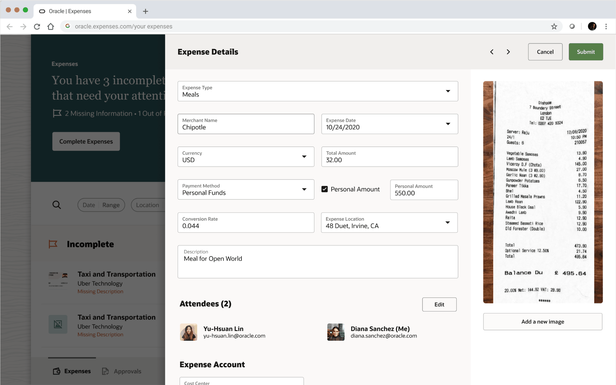 Animated demo of the redesigned expense detail screen, with an itemized expense shown alongside its scanned receipt