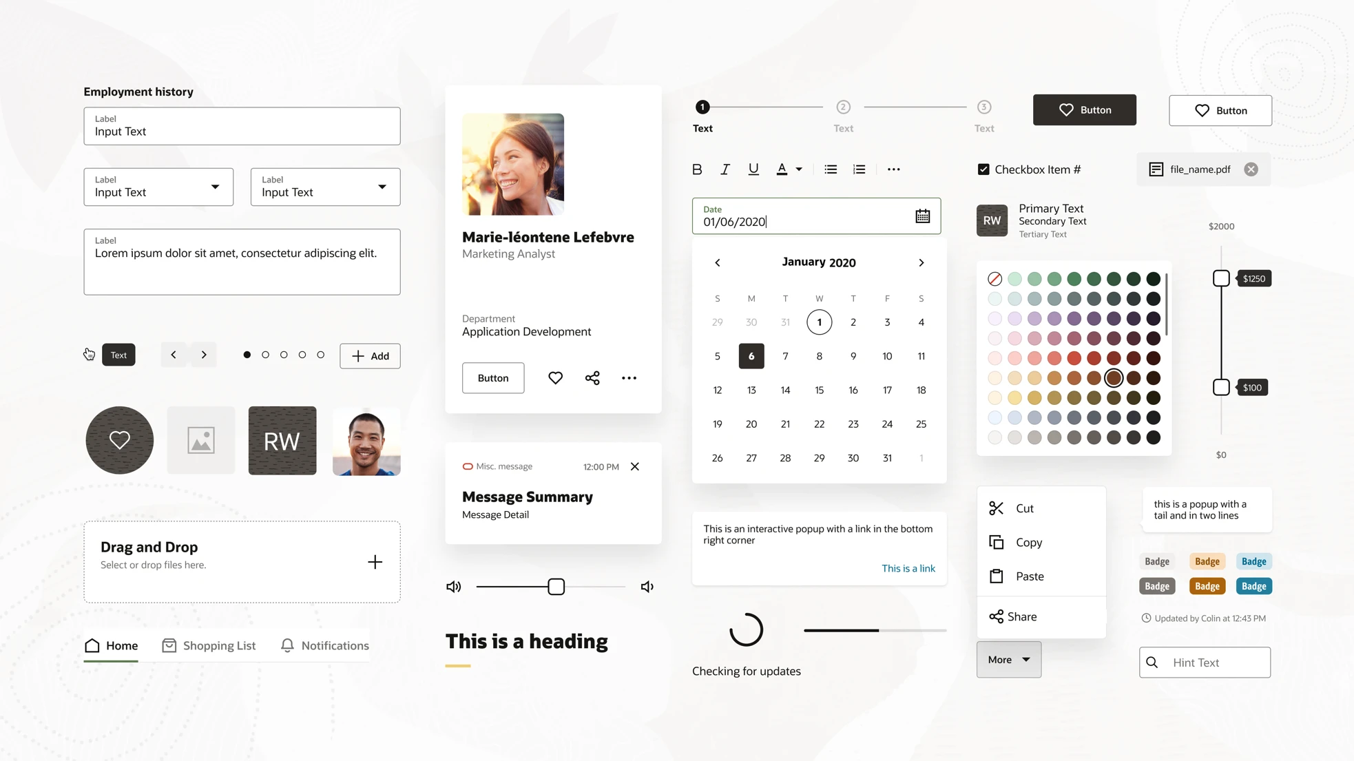 A spread of Redwood components: text fields, a profile card, a date picker, a color palette, a range slider, menus, badges and tabs
