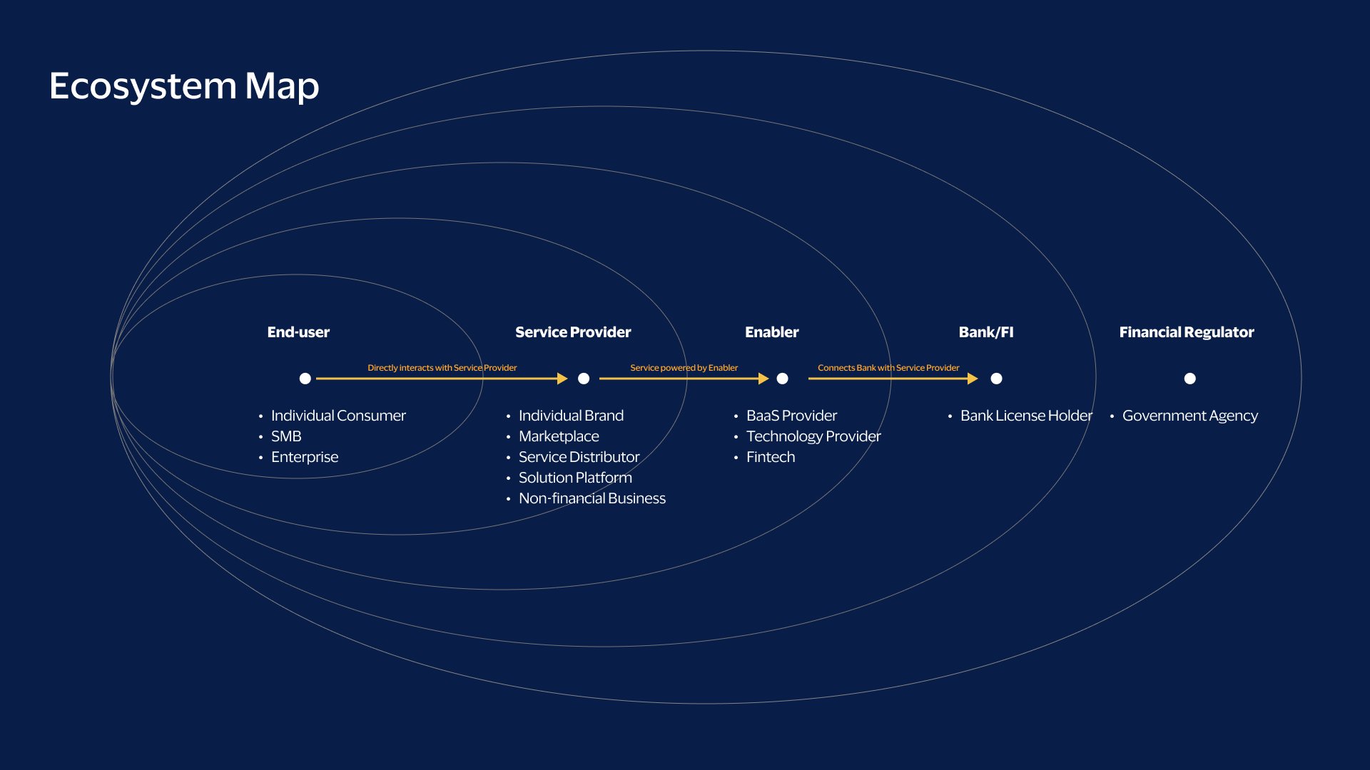 Project brief template page with an ecosystem map running from end users through service providers, enablers, banks, and regulators