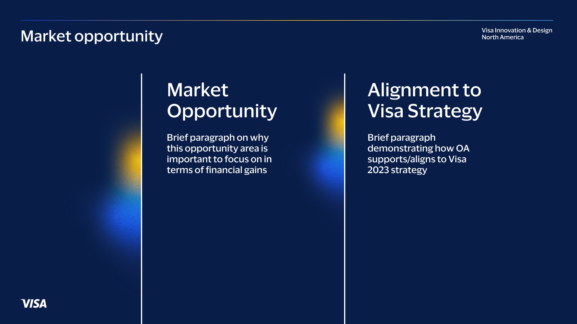 Project brief template page with prompts for the market opportunity and alignment to Visa strategy