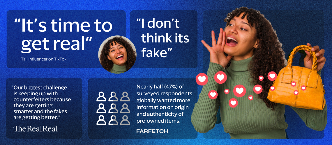 Research synthesis slide on trust in resale and social commerce, with quotes from a TikTok influencer, The RealReal, and Farfetch on counterfeiting and demand for authenticity