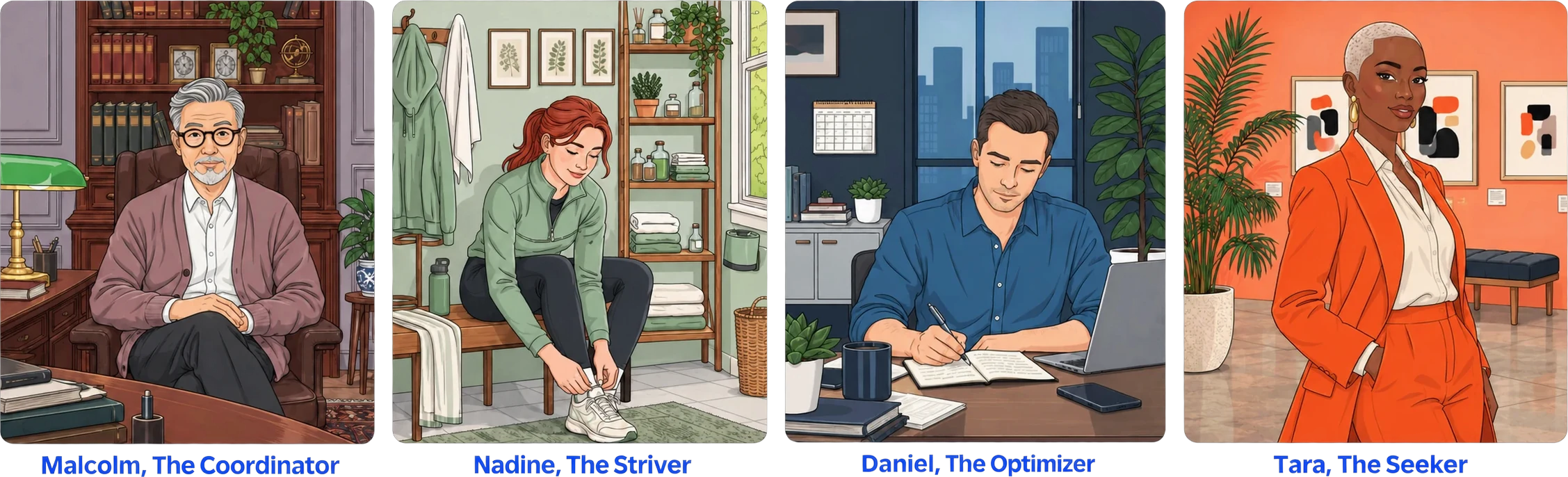 Illustrated portraits of four archetypes: Malcolm, The Coordinator, in a wood-paneled study; Nadine, The Striver, lacing her sneakers; Daniel, The Optimizer, writing at his desk; and Tara, The Seeker, in a gallery