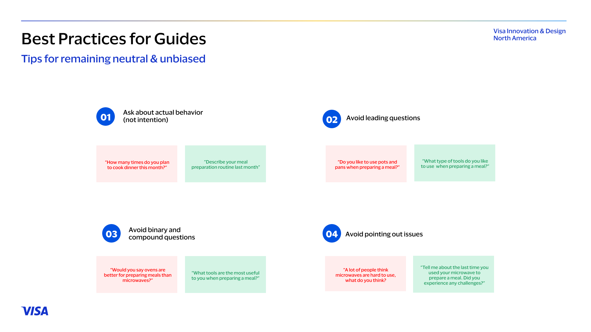 Research guide page of best practices for staying neutral, pairing leading questions with better alternatives