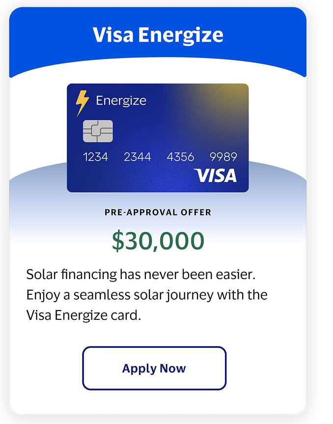 Visa Energize pre-approval offer for $30,000 in solar financing, with an Apply Now button