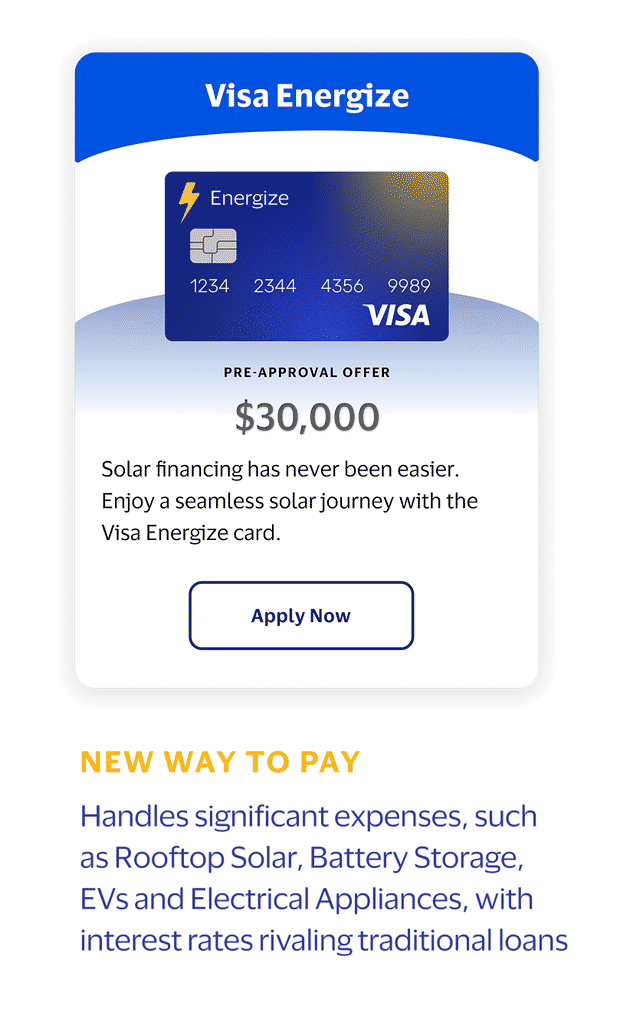 Rotating demo of the Visa Energize concept: a pre-approved solar financing offer, an itemized cost breakdown with rebates and tax credits applied, and a generation-tracking screen for redeeming net-metering credits