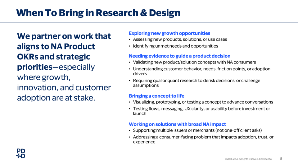 Slide titled When To Bring in Research & Design, listing four reasons to partner with the team: exploring new growth opportunities, needing evidence to guide a product decision, bringing a concept to life, and working on solutions with broad North America impact